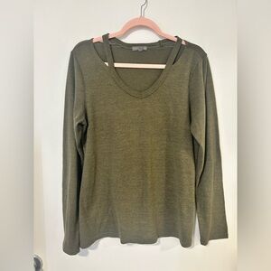 Olive V-Neck Long Sleeve Sweater with Shoulder Strap Detail